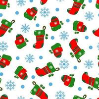 Winter seamless pattern with a hat, a Christmas sock and snowflakes on a white background. In hand-drawn style. vector