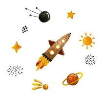 Space illustration in childish style. Set of cosmos elements such as rocket, stars, asteroids, ufo, Comets, moon, osteroid, stylized planets set. Cosmic set vector