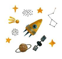 Space illustration in childish style. Set of cosmos elements such as rocket, stars, asteroids, ufo, Comets, moon, osteroid, stylized planets set. Cosmic set vector