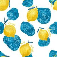 seamless background with bright yellow lemons. Citrus design. Funny pattern with fruits and blue spots. Clothing, wall art, textile, print, paper vector