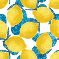 seamless background with bright yellow lemons. Citrus design. Funny pattern with fruits and blue spots. Clothing, wall art, textile, print, paper vector