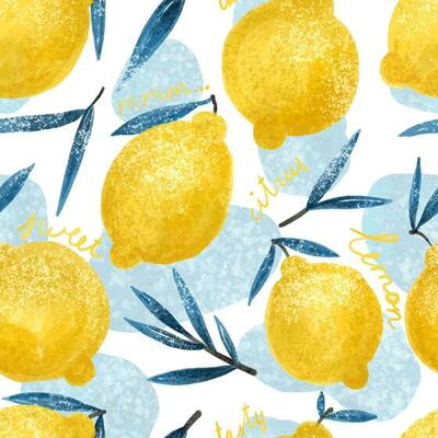 seamless background with bright yellow lemons. Citrus design. Funny pattern with fruits and blue spots. Clothing, wall art, textile, print, paper