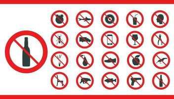 Red prohibition sign object set. Stop icon forbidden and warning information collection vector illustration