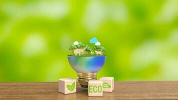 The earth and eco icon on wood cube for ecology concept 3d rendering photo