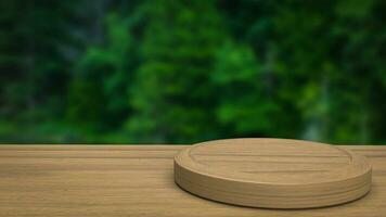 The wood table and Green forest Background  3d rendering photo