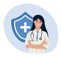 nacional inmunización conciencia mes. avatar sonriente hembra doctor. médico consulta en línea .blindaje, salud cuidado concepto. salud seguro concepto. inmune sistema blindaje. vector