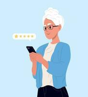 Feedback illustration. Senior woman fills out a questionnaire, gives positive feedback and completes a checklist on a smartphone User experience concept. Vector illustration.