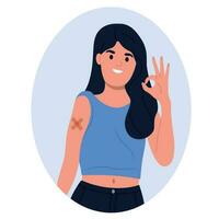 National Immunization Awareness Month. A vaccinated girl with a patch on her arm. Vector illustration.