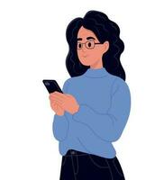 Senior woman holding mobile phone. Vector illustration.