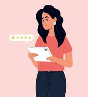 Woman selects a satisfaction rating and leaves a positive review. Concept of customer service and interaction with users. Vector illustration.