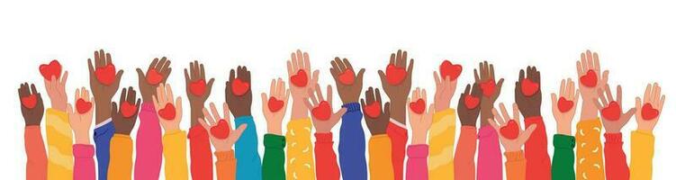 World Humanitarian Day -19 August - horizontal banner. Hands raised up hold hearts, share compassion and hope with those in need. vector