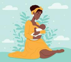 Happy motherhood and childhood concept. Happy loving young african woman mother feeding her baby with breast milk. World Breast feeding Week. vector