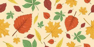 Seamless pattern with autumn fall leaves in Beige, Red, Brown, green and Yellow. Perfect for wallpaper, wrapping paper, web sites, background, social media, blog and greeting cards. vector