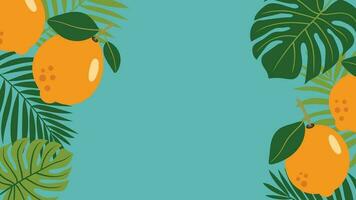 Forest tropical background vector illustration. Jungle plants, monstera, palm leaf, lemon, exotic summertime style. Botanical backdrop design for decoration, wallpaper, product presentation, branding.