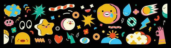 Set of 70s groovy element vector. Collection of cartoon characters, doodle faces, star, hand, flowers, eyes, sparkles, shapes, cloud. Cute retro groovy hippie design for decorative, sticker. vector