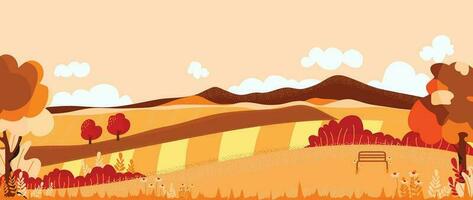 Autumn nature and country landscape background. Seasonal illustration vector of trees, flowers, field, mountain, cloud, grass, bench, sunset. Design for banner, poster, wallpaper, decoration, card.