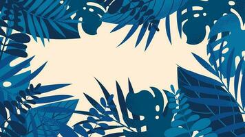 Forest tropical background vector illustration. Jungle plants, monstera, palm leaves, exotic summertime style. Botanical backdrop design for decoration, wallpaper, product presentation, branding.