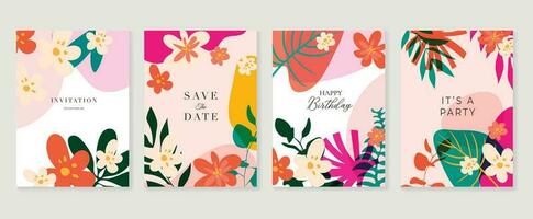 Set of abstract floral invitation card background vector. Hand drawn vibrant color botanical flower and leaf branch cover. Design illustration for flyer, poster, banner, brochure, wedding, birthday. vector