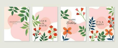 Set of abstract floral invitation card background vector. Hand drawn vibrant color botanical flower and leaf branch cover. Design illustration for flyer, poster, banner, brochure, wedding, birthday. vector