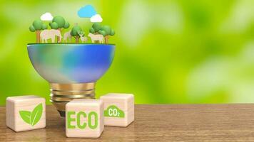 The earth and eco icon on wood cube for ecology concept 3d rendering photo