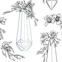 Hand drawn vector ink orchid flowers and branches, monochrome, detailed outline. Seamless pattern with crystal forms. Isolated on white background. For wall art, wedding, print, tattoo, cover, card.