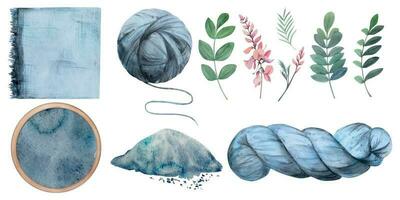 Hand drawn watercolor indigo natural plant dye, materials for hobby, handmade fabric, knitting. Illustration isolated composition, white background. Shop logo, print, website, business card, booklet vector