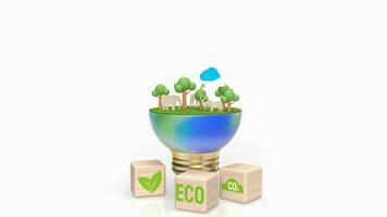 The earth and eco icon on wood cube for ecology concept 3d rendering photo