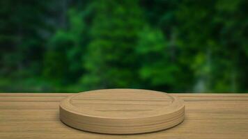 The wood table and Green forest Background  3d rendering photo