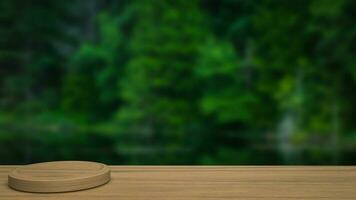 The wood table and Green forest Background  3d rendering photo