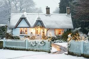 Beautiful country cottage decorated for Christmas on a snowy winter day, holiday and celebration, generative ai photo