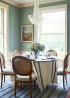 Dining room decor, interior design and house improvement, elegant table with chairs, furniture and classic blue home decor, country cottage style photo