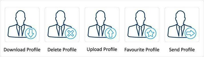 A set of 5 Extra icons as download profile, delete profile, upload profile vector