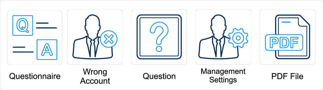 A set of 5 mix icons as questionnaire, wrong account, question, management settings vector