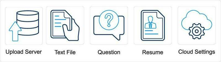 A set of 5 mix icons as upload server, text file, question vector