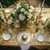 Holiday tablescape, golden formal dinner table setting, table scape with gold decoration for wedding party and event celebration, generative ai photo