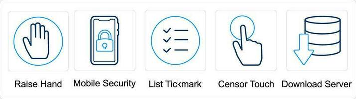 A set of 5 mix icons as raise hand, mobile security, list tick mark vector