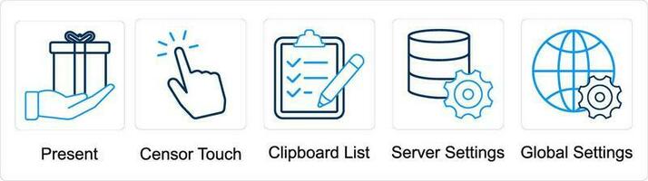 A set of 5 mix icons as present, censor touch, clipboard list vector