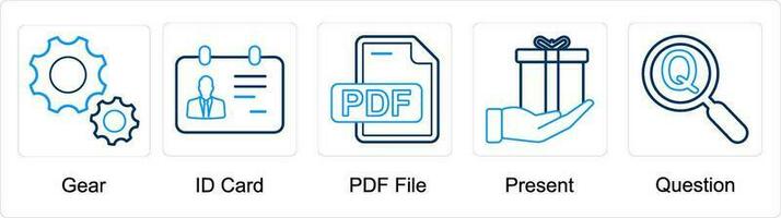 A set of 5 mix icons as gear, id card, pdf file vector