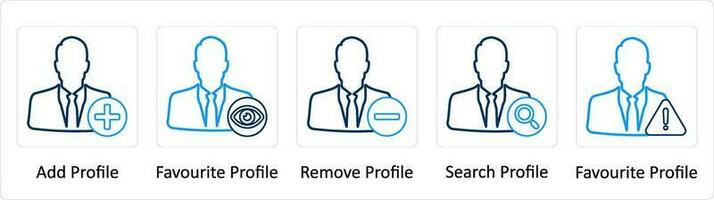A set of 5 Extra icons as add profile, favorite profile, remove profile vector