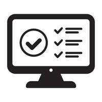 Computer monitor with check list and ok tick on it. Flat vector simple icon isolated. Web shopping illustation. Good for web and mobile design.