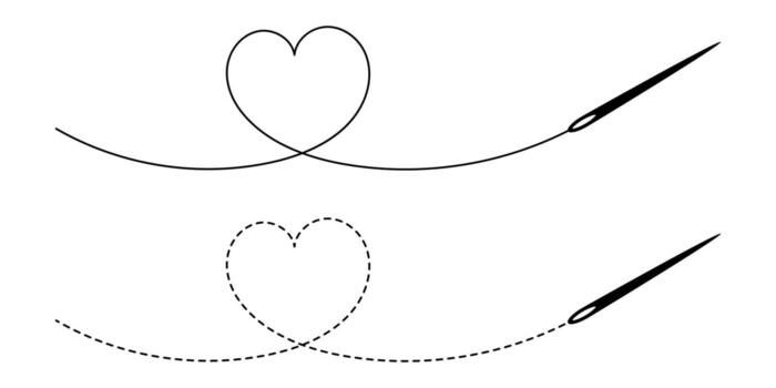Needle with string in the shape of a heart. Vector illustration.