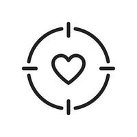 Vector line icon of heart surrounded by sniper target. Romance, love and dating concept. Outline sign and expanded stroke drawn in modern flat style. Suitable for articles, web sites etc.