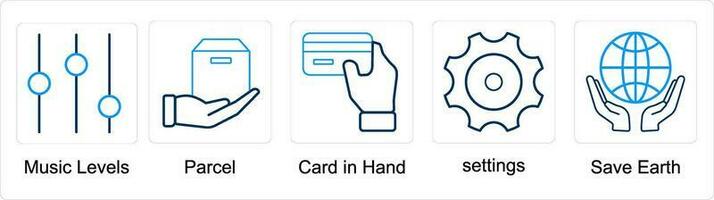 A set of 5 mix icons as music levels, parcel, card in hand vector