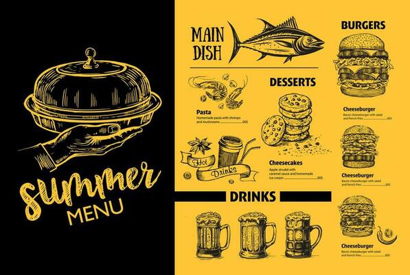 Menu restaurant brochure. Flyer with hand-drawn graphic.