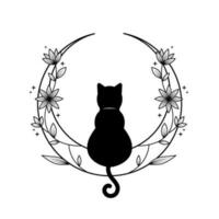 monochrome floral cat moon logo design vector