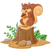 Cartoon funny squirrel holding pine cone on tree stump. Vector illustration