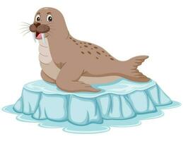 Cartoon drawing of a walrus on ice. Vector illustration