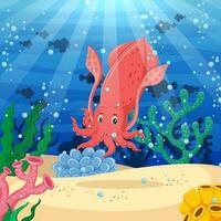 Cartoon squid with beautiful underwater world. Vector illustration
