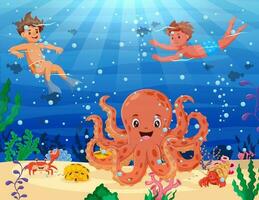 dibujos animados pulpo con niños nadando en el océano. vector ilustración