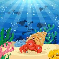 Cartoon hermit crab with beautiful underwater world. Vector illustration